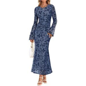 Zesica Women's Dusty Blue Ruched Mesh Long Sleeve Floral Bodycon Dress